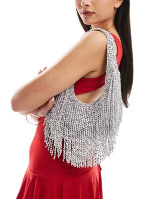 ASOS DESIGN scoop shoulder bag with beaded fringe detail in silver | ASOS (Global)