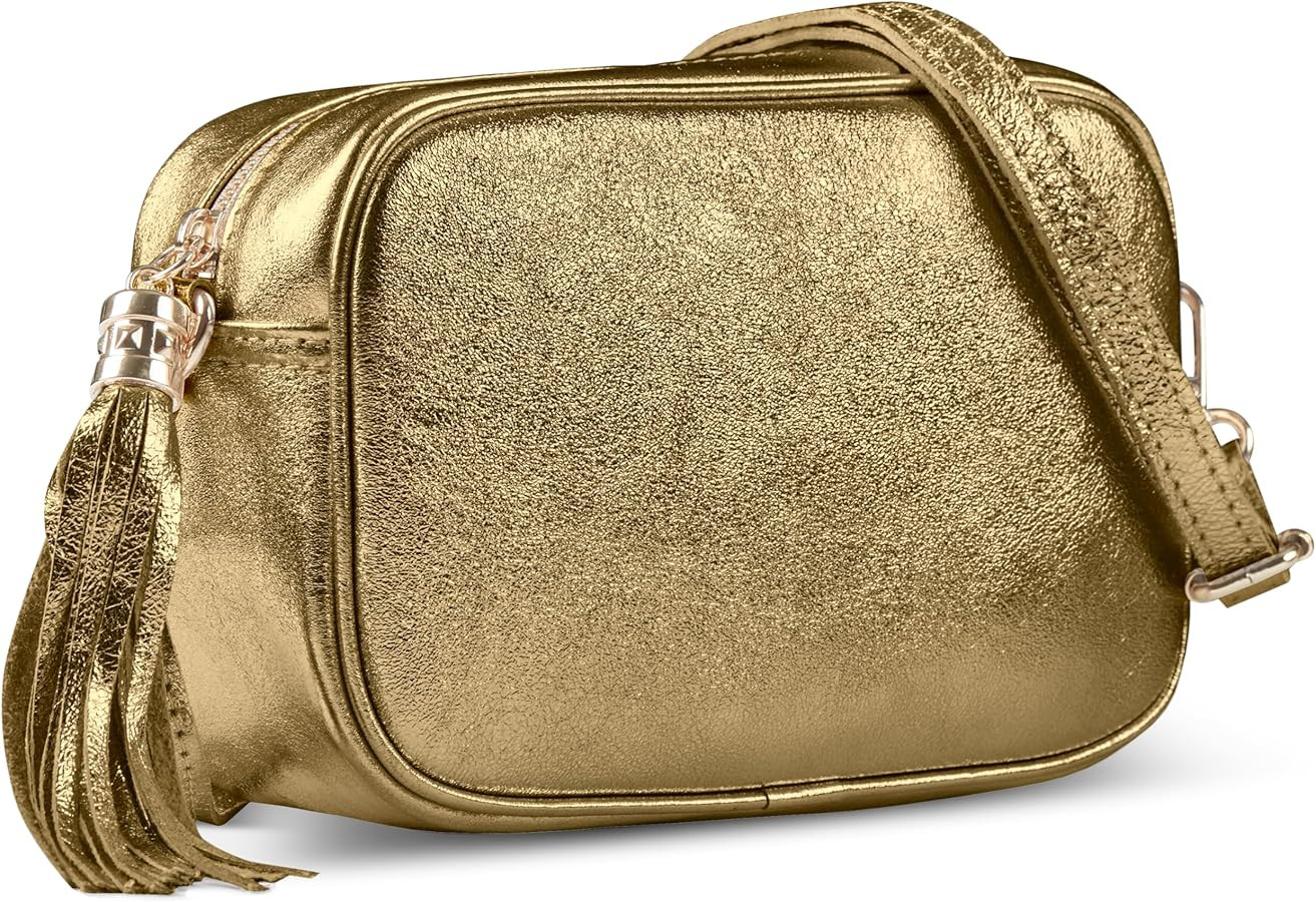 Italian Genuine Metallic Suede Leather Small Crossbody Bag Purse for Women with Zipper, Long Stra... | Amazon (US)