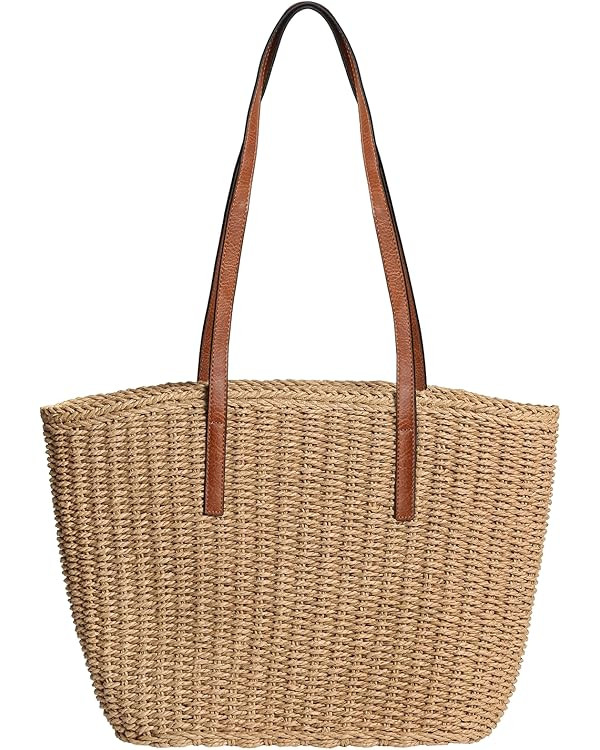 Straw Beach Tote Bag for Women Large Woven Shoulder Handbag with Zipper Summer Travel Outdoor Vac... | Amazon (US)