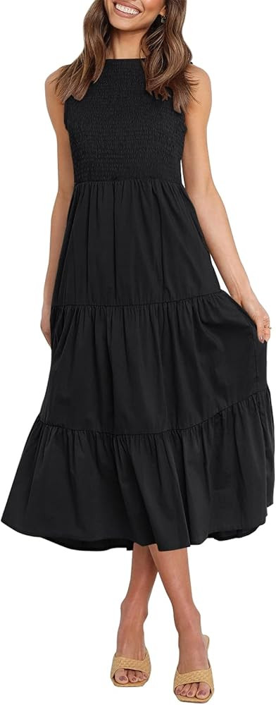 ZESICA Women's 2023 Summer Casual Sleeveless Crew Neck Smocked High Waist Flowy Tiered A Line Mid... | Amazon (US)
