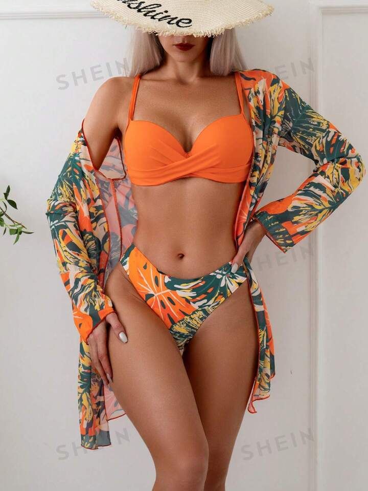 SHEIN Swim Vcay Tropical Print Swimsuit Set | SHEIN