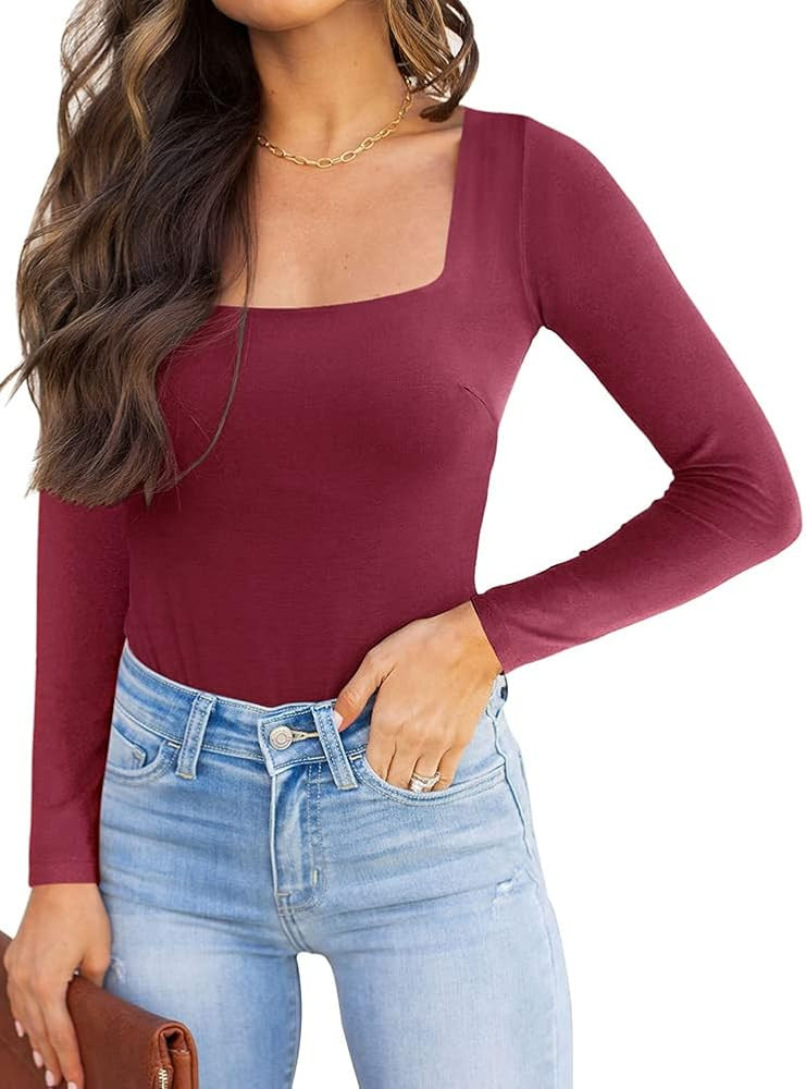 REORIA Womens Sexy Square Neck Double Lined Long Sleeve Bodysuit Tops Jumpsuits | Amazon (US)
