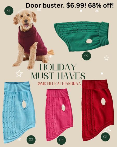 Gift Guide. JC Penny doorbuster. $6.99 for dog sweaters for sizes s to l. Six different colors

For those chilly walks, envelope your furry family member in the warmth of this dog sweater from St. John's Bark. It features a built in leash hole for added convenience and is made from soft cotton with a cable-knit design that's easy and comfortable to wear.
Pet Intended For: Dog
Fiber Content: 88% Cotton, 12% Nylon
Fabric Description: Cable Knit
Care: Machine Wash
Country of Origin: Imported
Built in leash hole

#LTKfamily #LTKGiftGuide #LTKsalealert