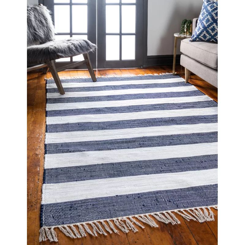 Priolo Striped Hand-Knotted Cotton Navy Blue Area Rug | Wayfair North America