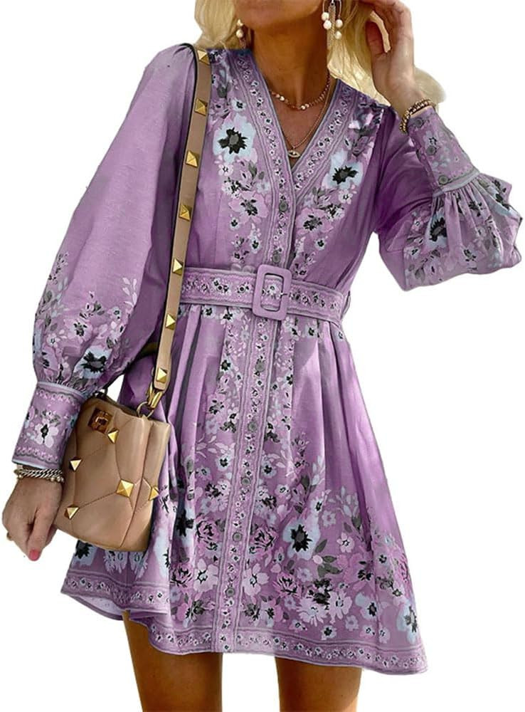 Melliflo Women's Boho Floral Print Mini Dress Long Lantern Sleeve Button Down Dresses V Neck Loos... | Amazon (US)