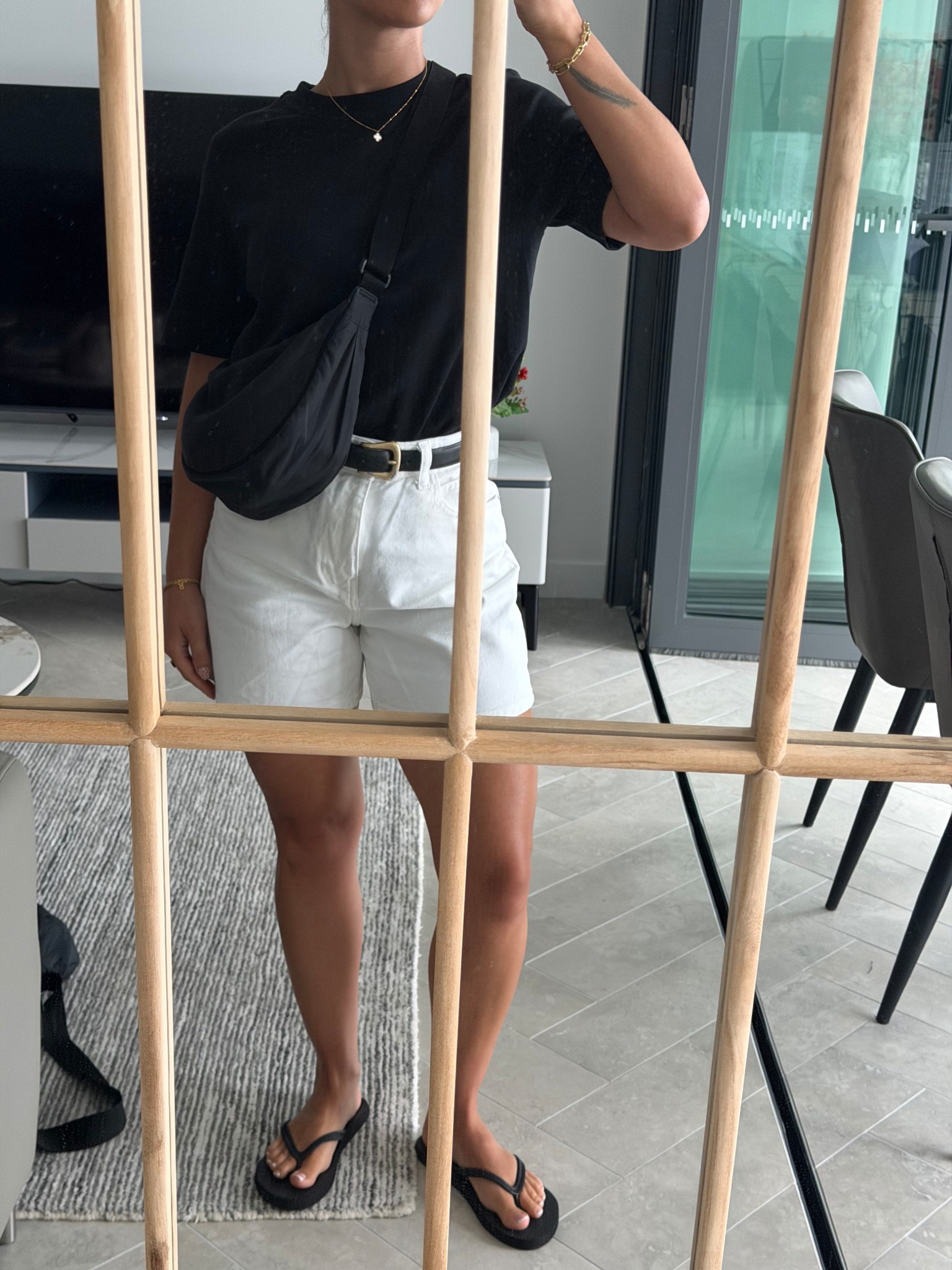 Tshirt, monochrome outfit, white denim shorts, perfect t shirt, oversized tee, black belt, gold, flip flops, Uniqlo bag, cross body bag, Zara, asos, Tesco, f and f clothing, simple, summer outfit, easy outfit, wardrobe basics

#LTKuk #LTKspring #LTKpetite