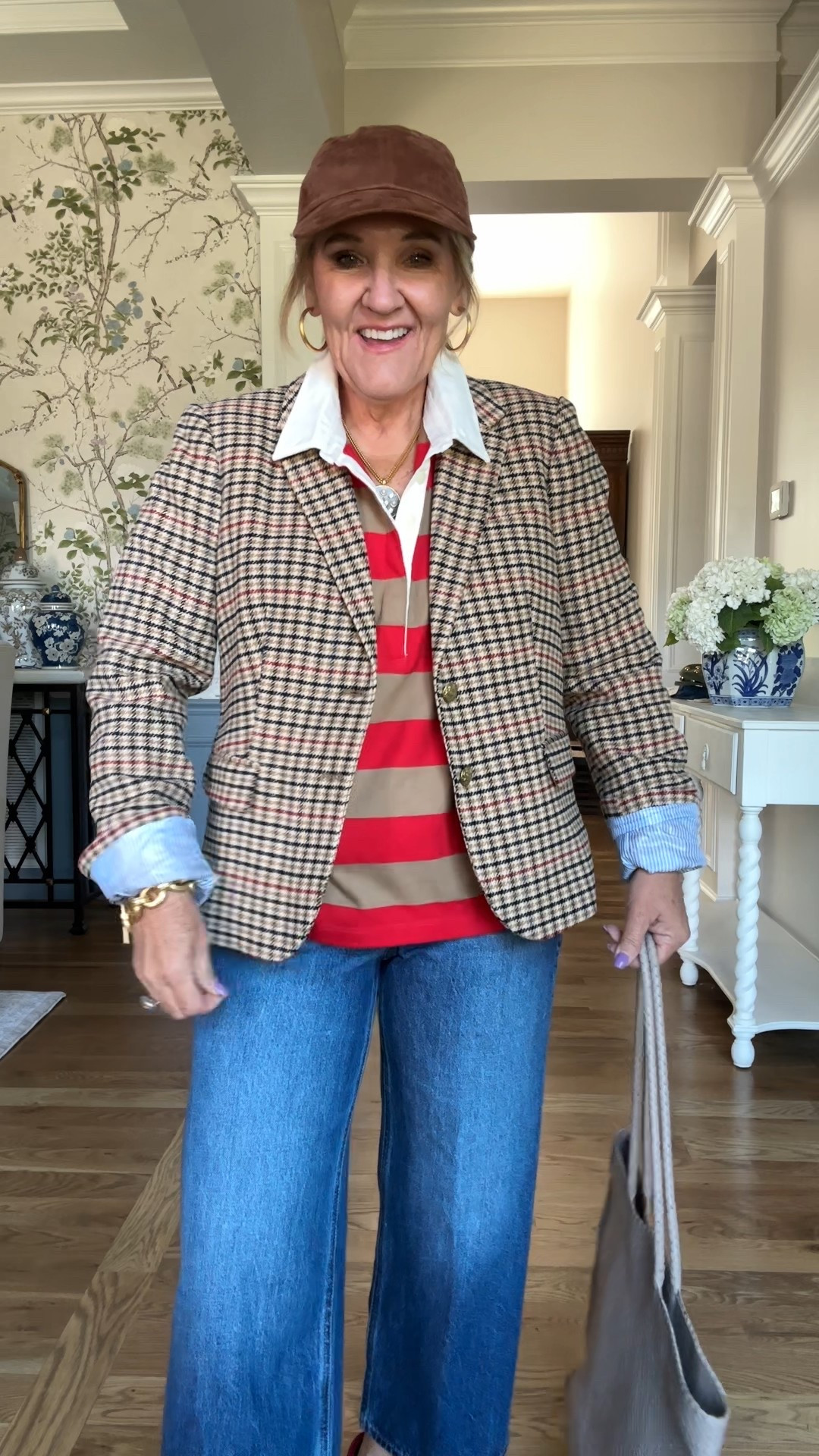 JCREW factory iconic fall 
Blazer size 12 it is a short blazer do I didn’t get a petite 
Rugby shirt size med
Jeans size 29 petite 
Red Mary Jane flats I’ll link similar 
Quince oversized leather tote 

#LTKOver40 #LTKFindsUnder100 #LTKSaleAlert