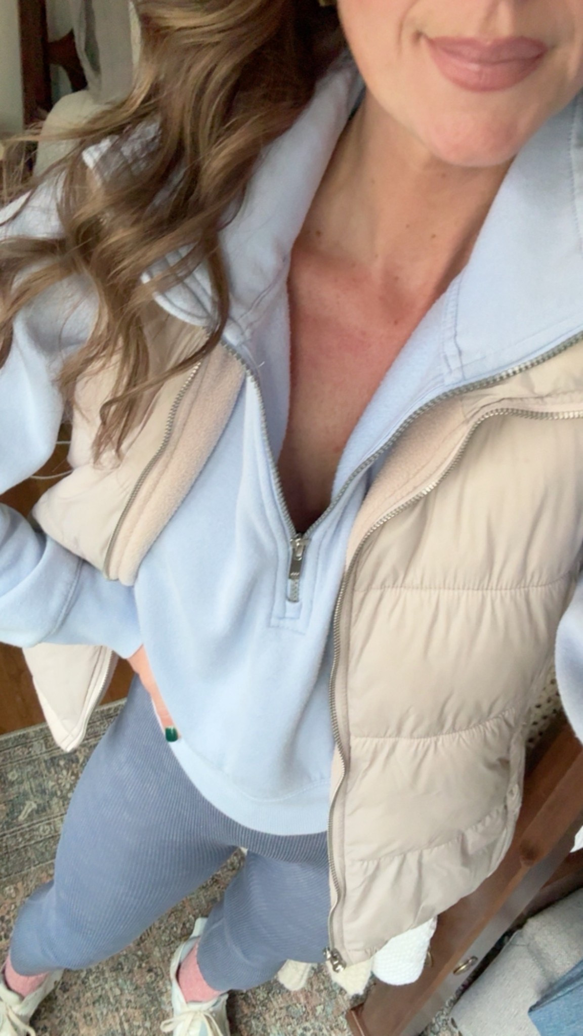 Love this half zip.. have in 2 colors. I sized up in this one for a roomier fit. Puffer vest fits true to size and a piece I’d be lost without! Ribbed leggings have amazing reviews and I love the look and feel of them compared to standard leggings.