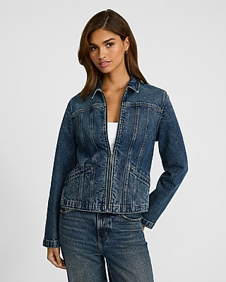 Medium Wash Zip Front Denim Jacket | Express