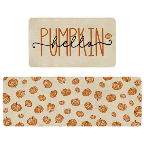 Xsinufn Fall Thanksgiving Pumpkin Kitchen Rugs Set of 2,Orange Hello Pumpkin Wooden Farmhouse Floor Mats and Rugs Non Skid Washable for Kitchen Home Decor (17"x47"+17"x30") | Amazon (US)