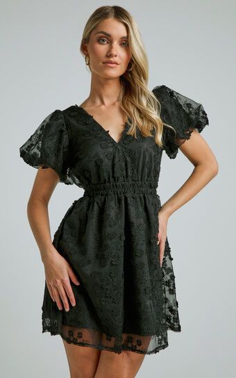 Marciana Mini Dress - V Neck Puff Sleeve With Lace Dress in Black | Showpo (US, UK & Europe)