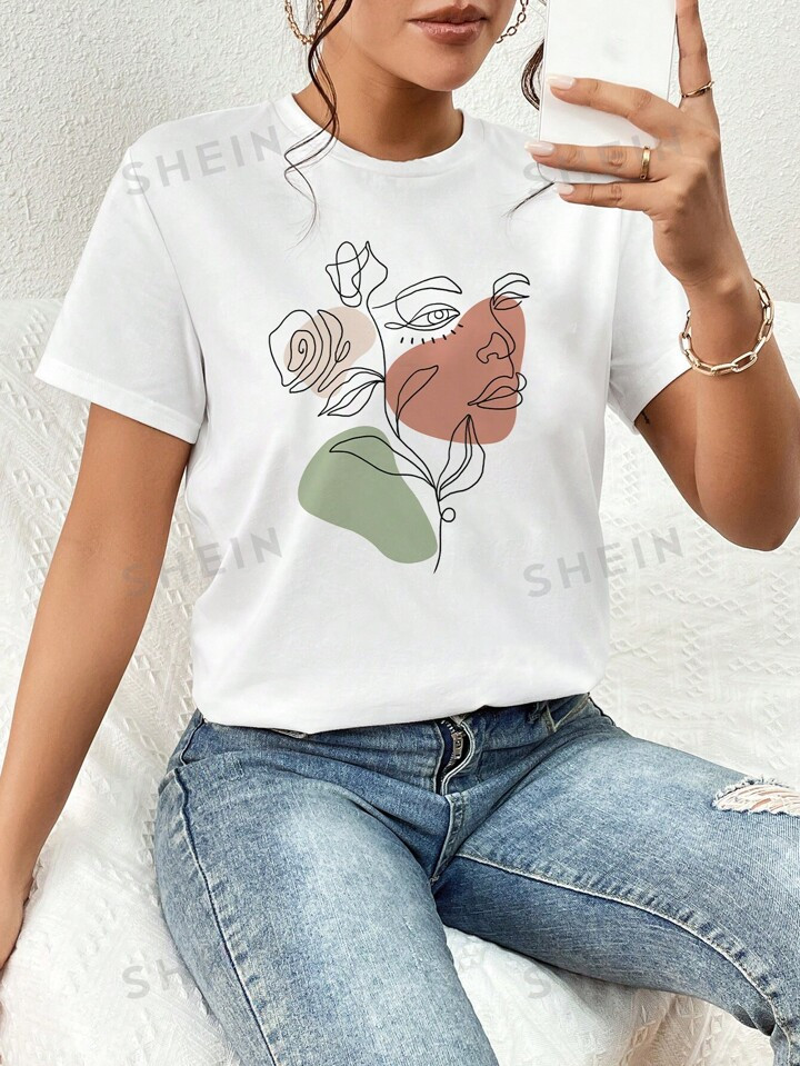 SHEIN Essnce Casual Loose Fit Figure Printed Short Sleeve Round Neck T-Shirt For Women, Suitable ... | SHEIN