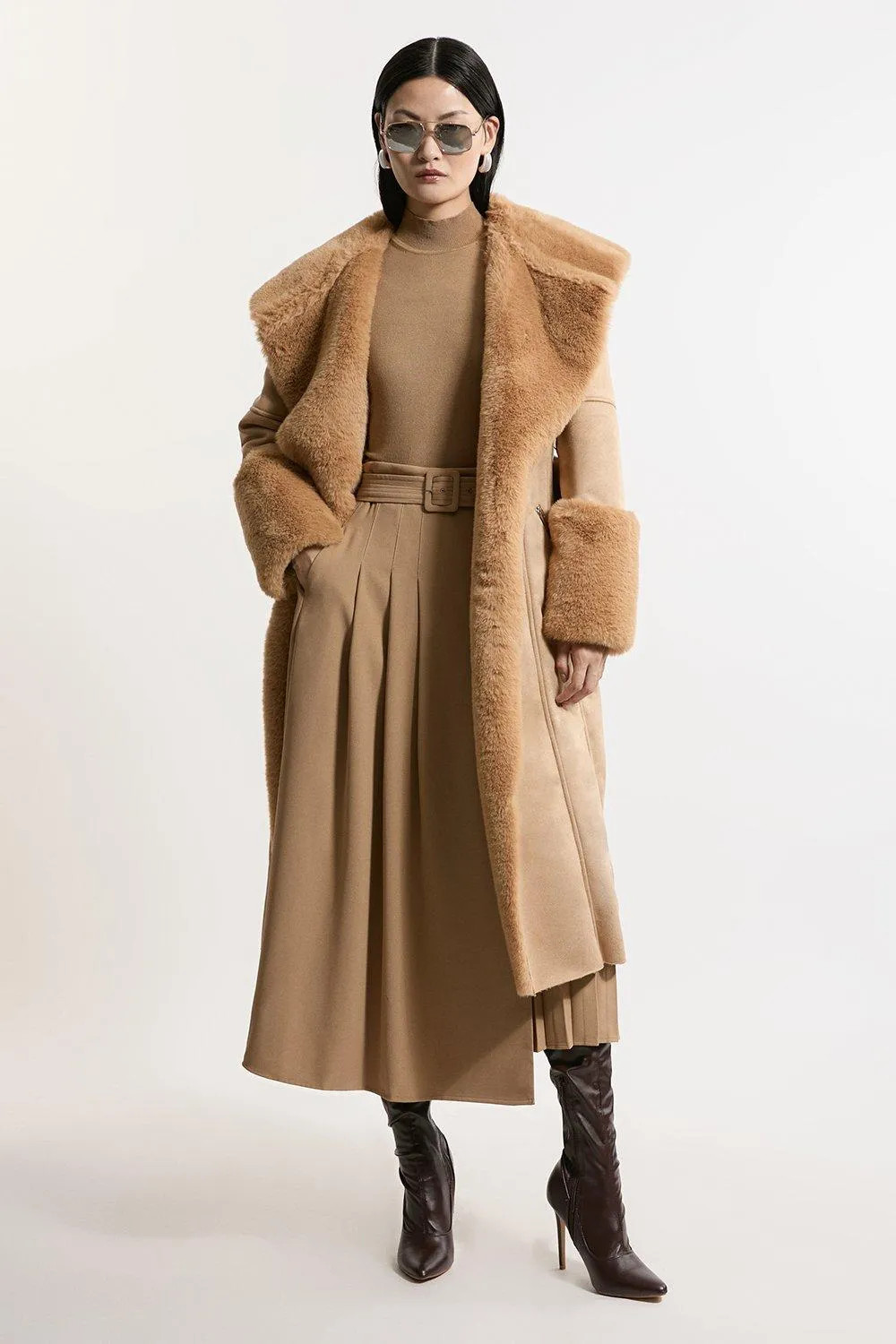 Faux Shearling Collar & Cuff Belted Midi Coat | Karen Millen UK + IE + DE + NL