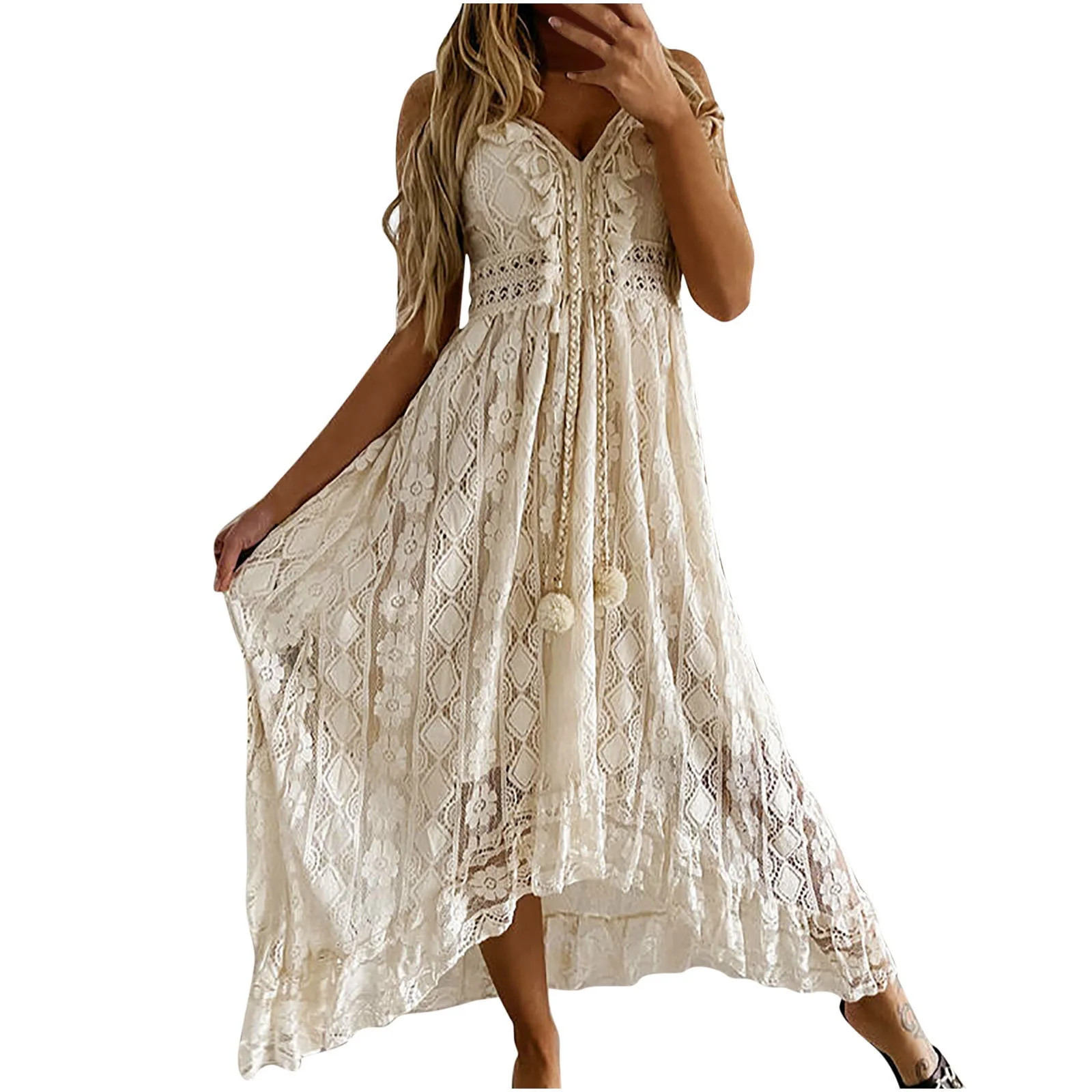 Bohemian Dress for Women V Neck Spaghetti Strap Tassel Long Crochet Lace Dress Vacation Beach Eth... | Walmart (US)