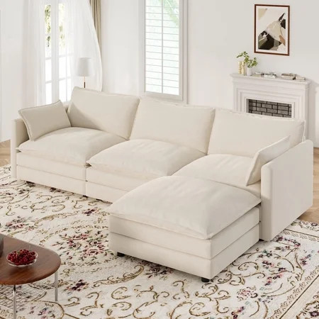 Muumblus Sectional Sofa Cloud Couch with Reversible Ottoman, L-Shaped Chenille Sofa for Living Rooms, Beige | Walmart (US)