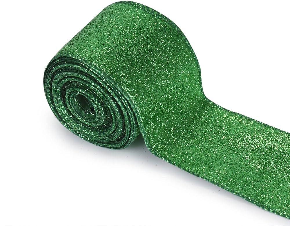 WIKHIA St Patrick's Day Green Glitter Wired Ribbon for Gift Wrapping, Sparkling Metallic Green Ri... | Amazon (US)