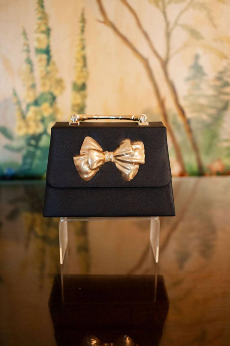 Black Faille Lulu with Bow Charm - Gold Bamboo Handle Handbag | Lisi Lerch Inc