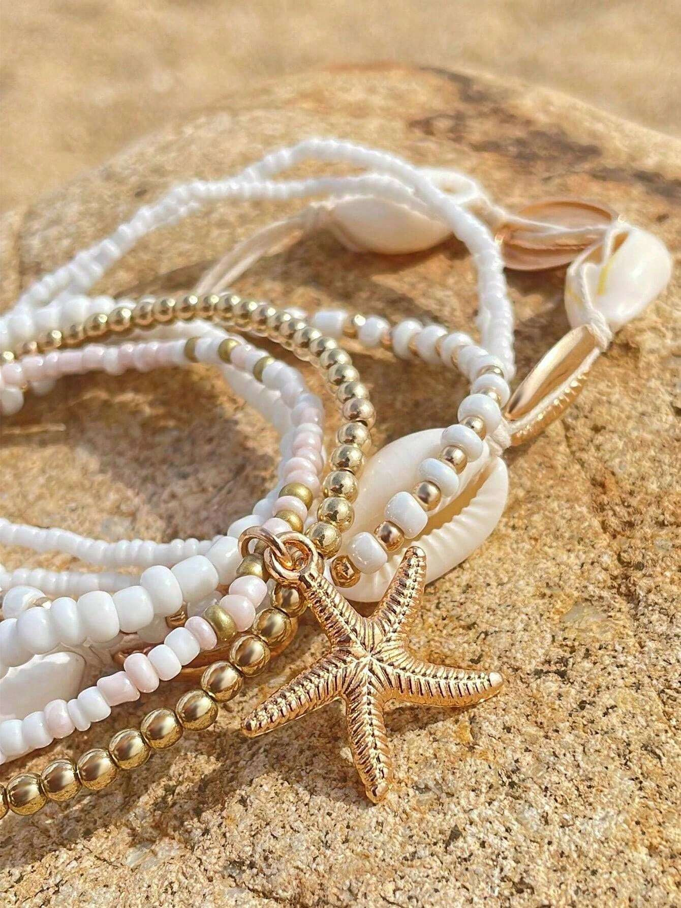 7pcs/set Simple Alloy Beaded Starfish Braided Shell Rope Anklets For Women, Best Gift For Dating | SHEIN