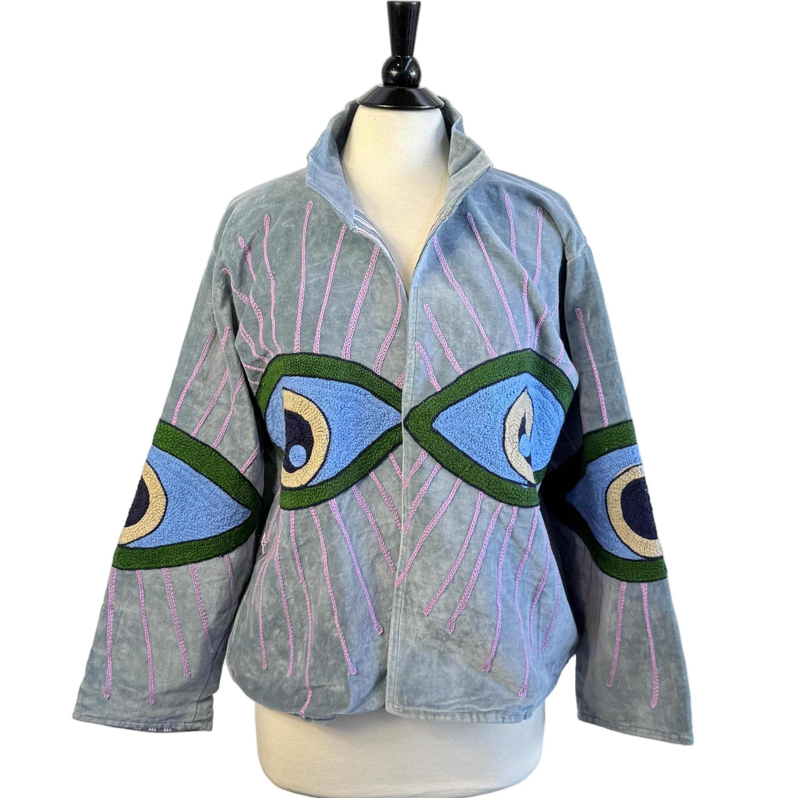 Embroidered Velvet Jacket Blue With Multi Color Eye | INK+ALLOY