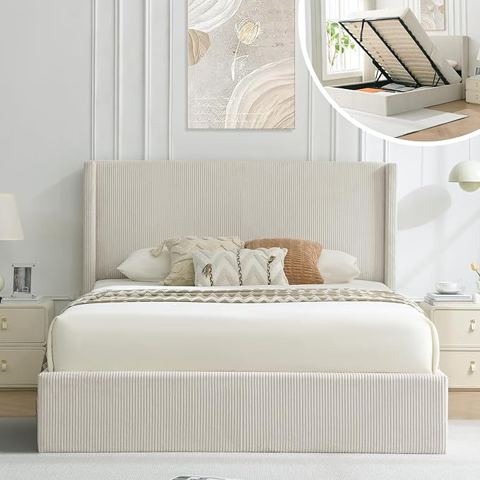 VELOCAVA Queen Size Lift-Up Storage Bed, Modern Upholstered Corduroy White Bed with Wingback Head... | Amazon (CA)