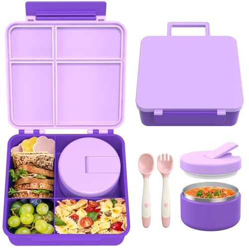 Bento Lunch Box with 8oz Soup Thermo, Leak-Proof Lunch Containers with 4 Compartment, Thermo Hot Food Jar and Insulated Lunch Box for School Purple | Amazon (US)