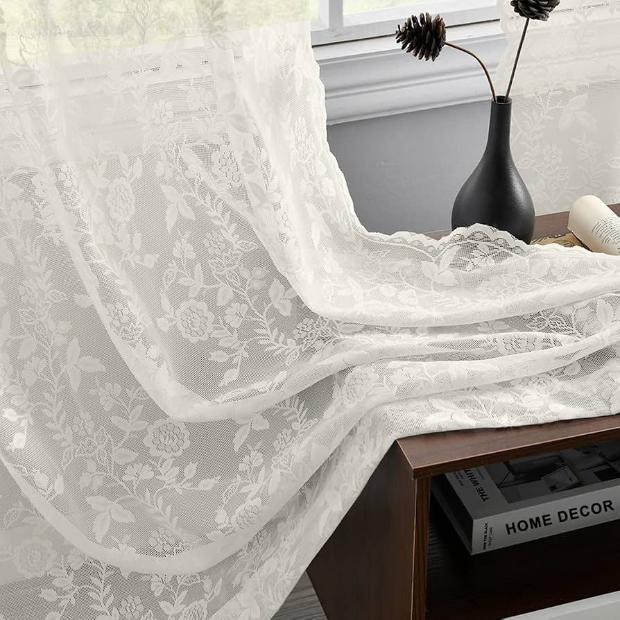 FINECITY Lace Curtains for Living Room - Country Branch Leaf Floral Sheer Lace Curtains 96 Inch L... | Amazon (US)