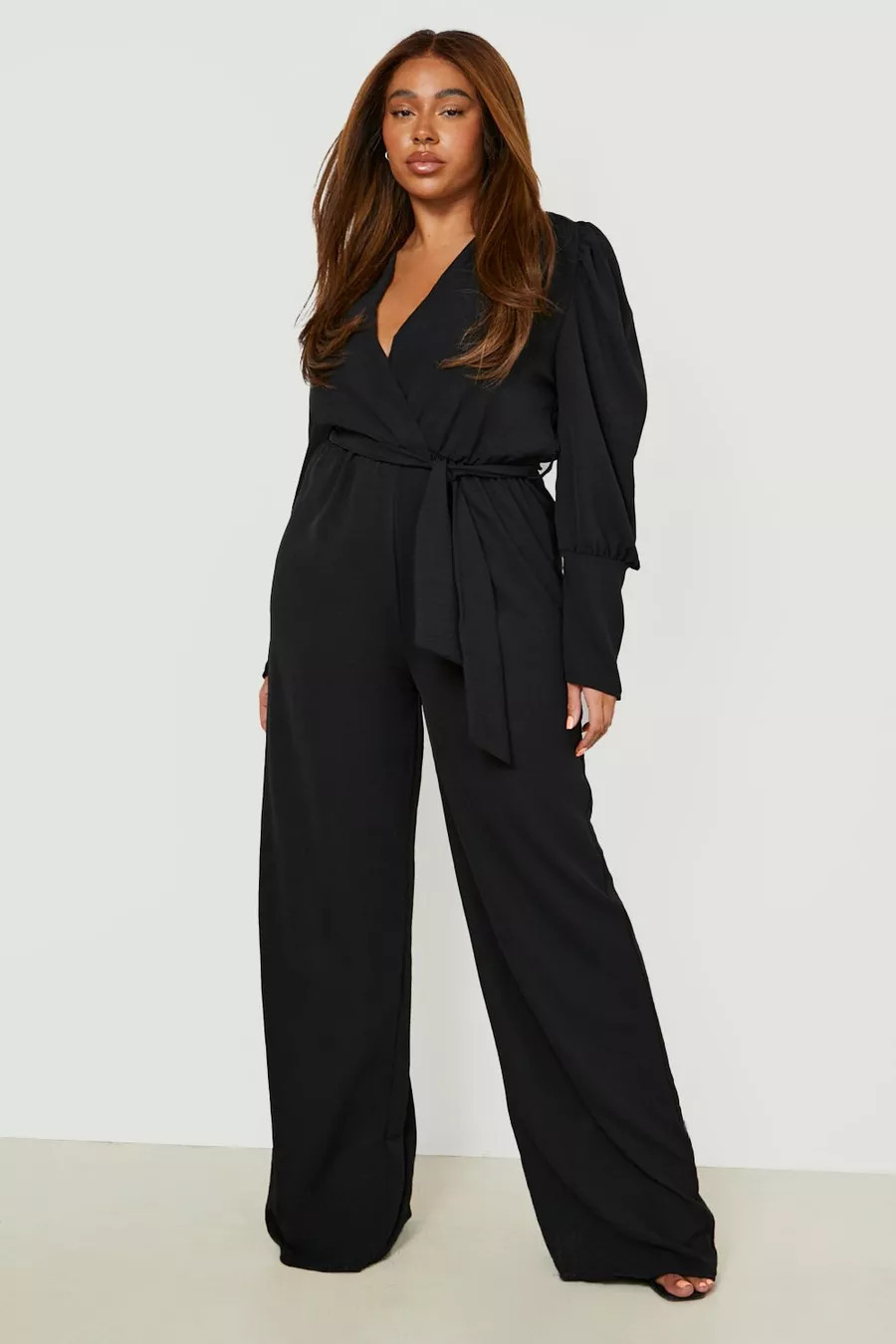 Plus Woven Puff Sleeve Belted Taper Jumpsuit | boohoo (US & Canada)