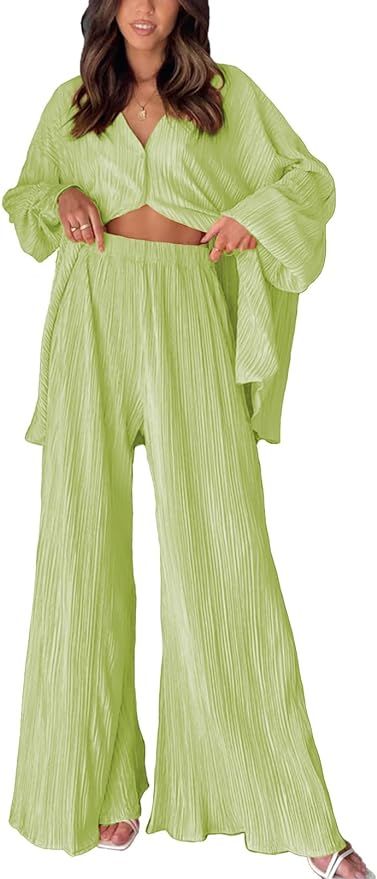 ONIRIKE Womens Loungewear Set 2 Piece Sweatsuits Outfits Casual Pleated Long Sleeve Button Down S... | Amazon (US)