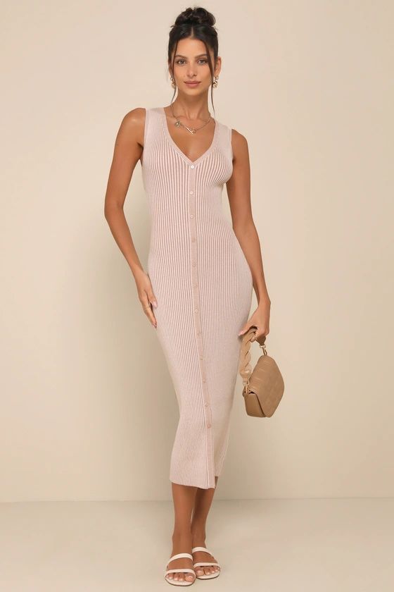 Taupe Ribbed Button-Front Midi Dress | Summer Outfits 2024 | Summer Fashion 2024 | Lulus