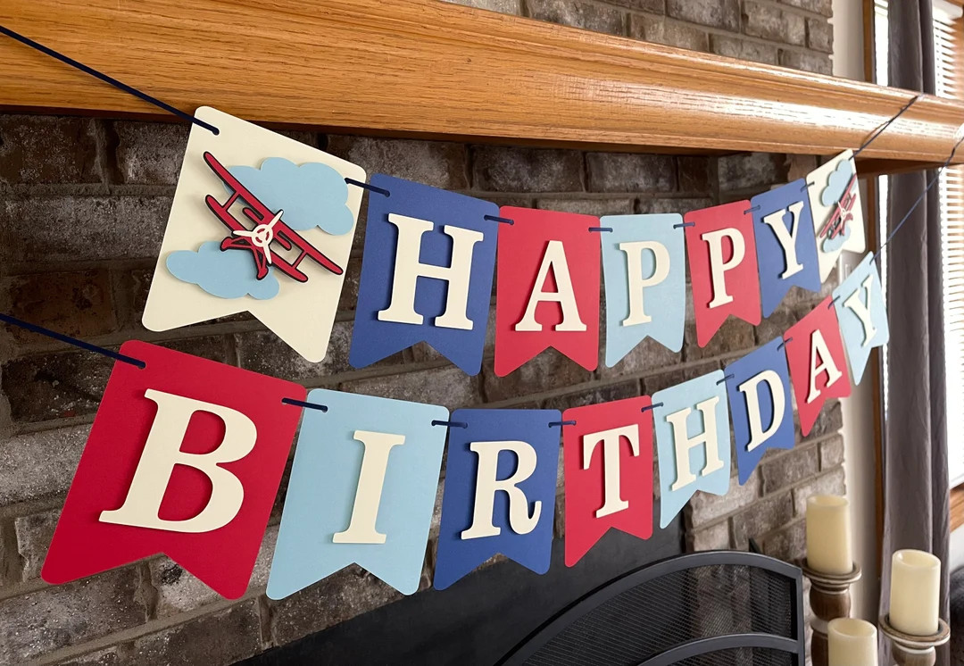 Vintage Airplane Party Banner Time Flies Antique Decor Cream Red Blue Biplane Mantle Sign - Etsy | Etsy (US)