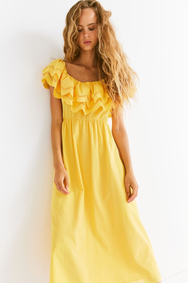 Off-the-shoulder Cotton Dress - Sleeveless - Long - Yellow - Ladies | H&M US | H&M (US + CA)