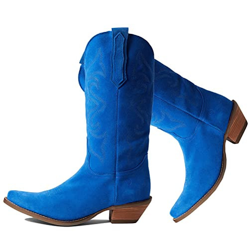 LEHOOR Blue Knee High Western Boots Low Chunky Stacked Heel Cowboy Boots Women Embroidered Blue Pointed Toe Pull On Blue Mid Calf Cowgirl Boot V Cut Suede Vintage Fall Winter Boot Suede Blue 10 | Amazon (US)
