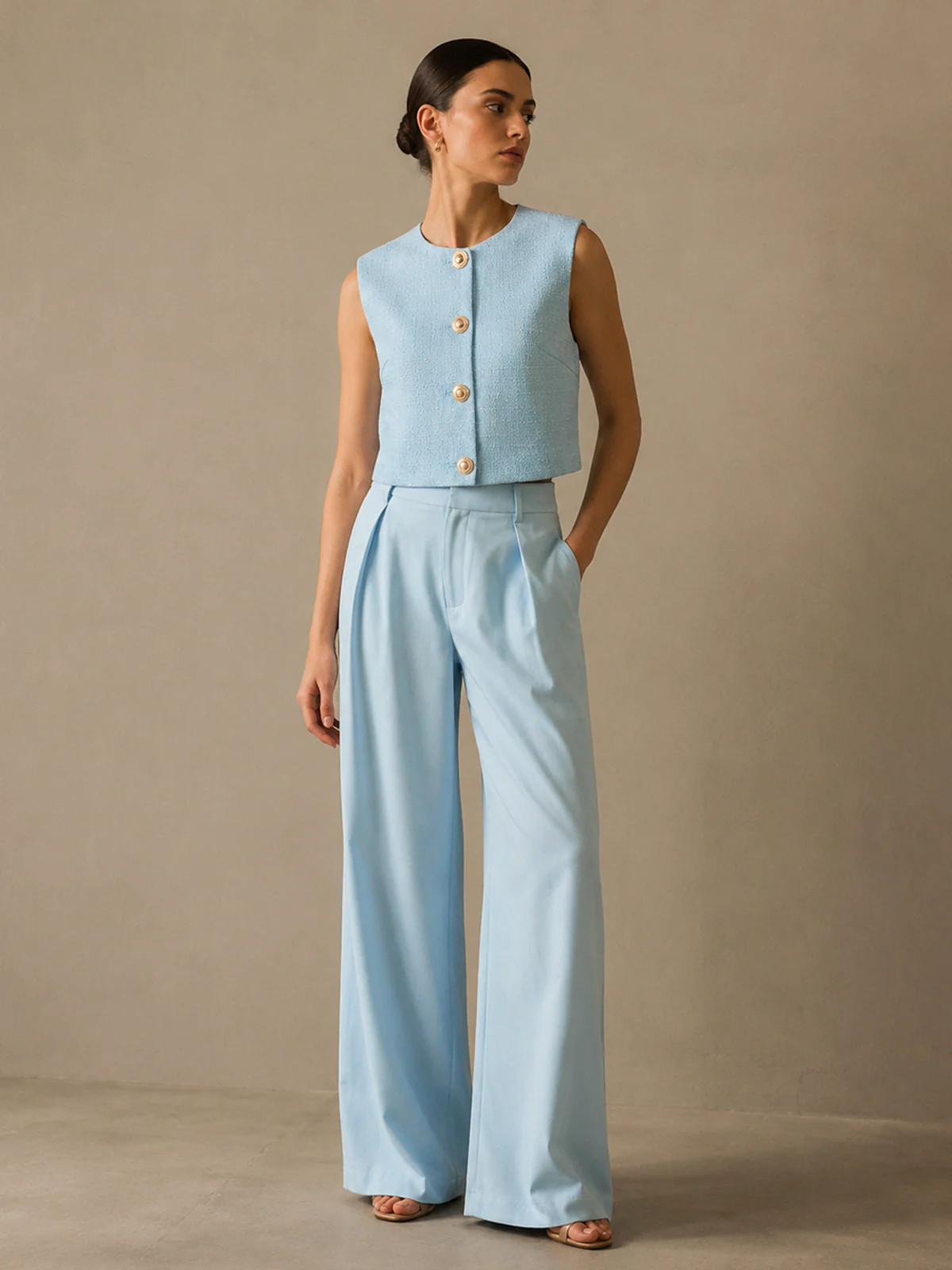 Sleeveless Textured Vest & Pleated Pant Set | Commense