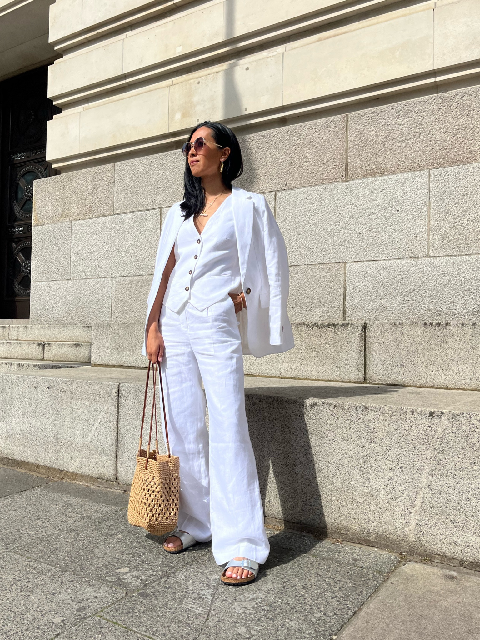 White linen suit 
Raffia bag
Birkenstocks 

#LTKsalealert #LTKworkwear #LTKSeasonal