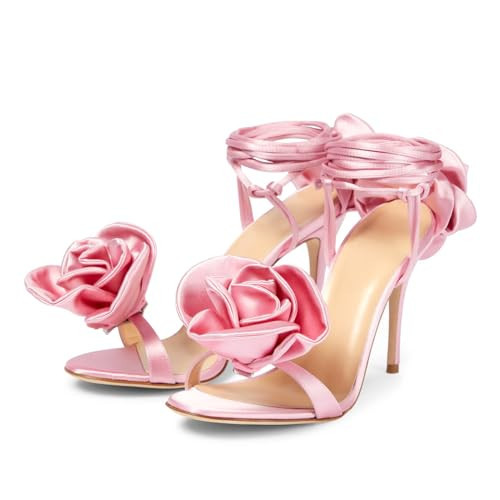 iadore Women's High Heels, 4'' Open Toe Floral Ankle Strappy Lace Up Stiletto Heeled Sandals with Back Flower Party Wedding Date Dress Shoes Pink 8 | Amazon (US)