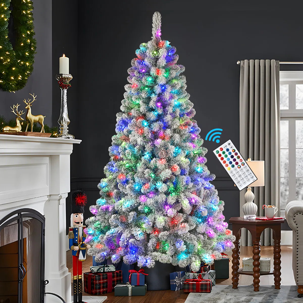 Pre-Lit Snow Flocked Christmas Tree With Remote, Warm White & Multi-Color Lights | Wayfair North America
