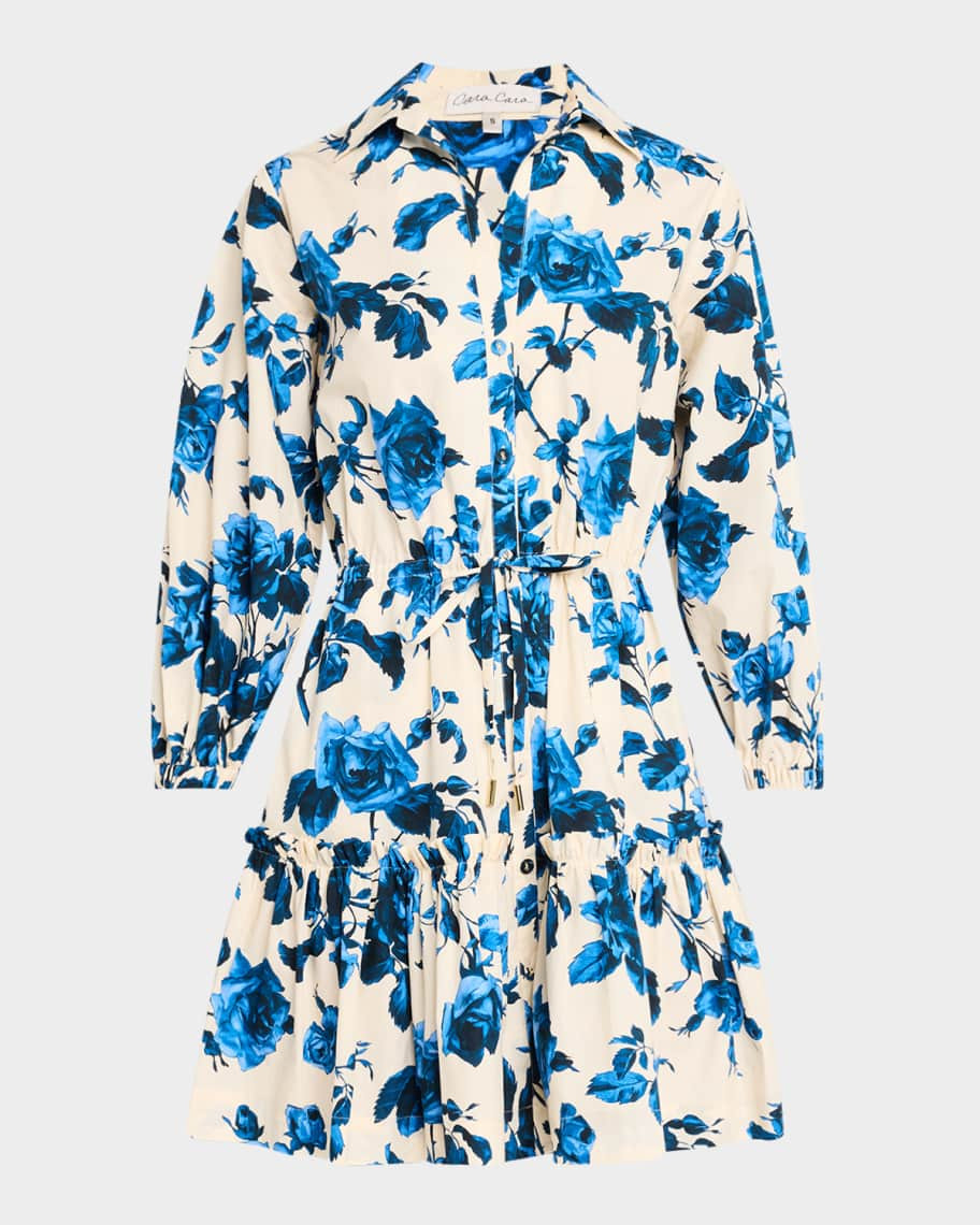 Cara Cara Robin Puff-Sleeve Floral Poplin Mini Dress | Neiman Marcus