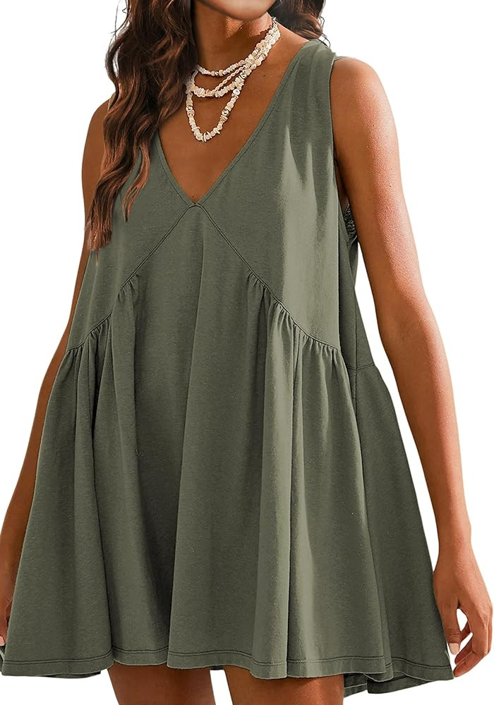 Sleeveless Mini Dress for Women 2026 Summer Casual V Neck Sundress Loose Babydoll Dress with Pock... | Amazon (US)