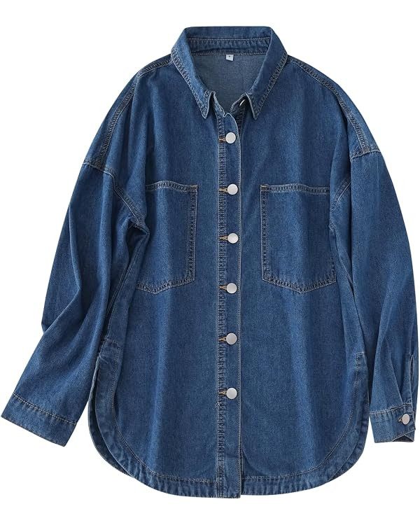 Women Denim Shirt Jean Jacket Oversize Button Down Shirt Long Sleeve Jean Tops Trendy Shackets | Amazon (US)