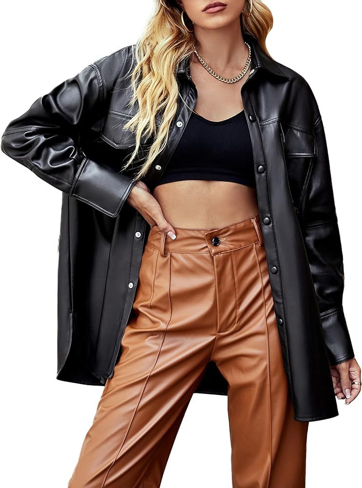 Bellivera Women Faux Leather Jacket Blazer PU Shirt Long Sleeve Oversize Shacket Coat | Amazon (US)