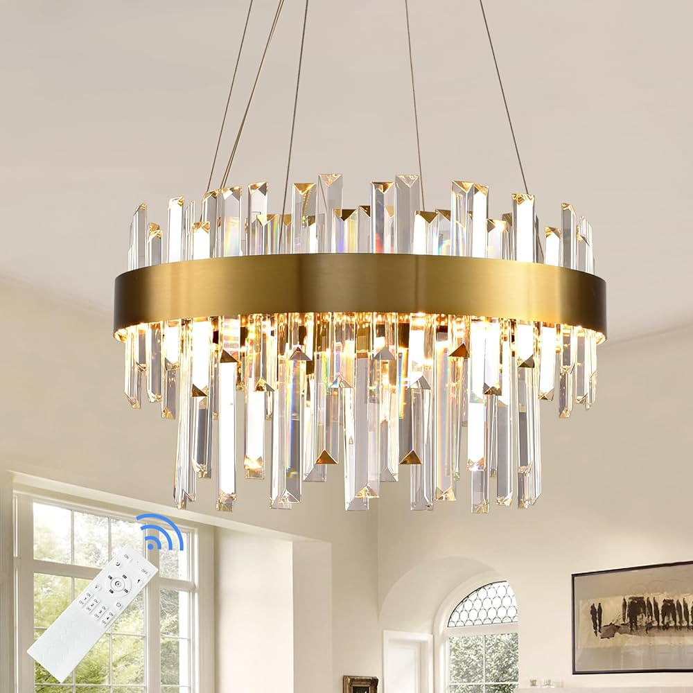 KHVEUIE Crystal Chandeliers Round Gold Dining Room Light Fixture 3000K-6000K Adjustable Pendant L... | Amazon (US)