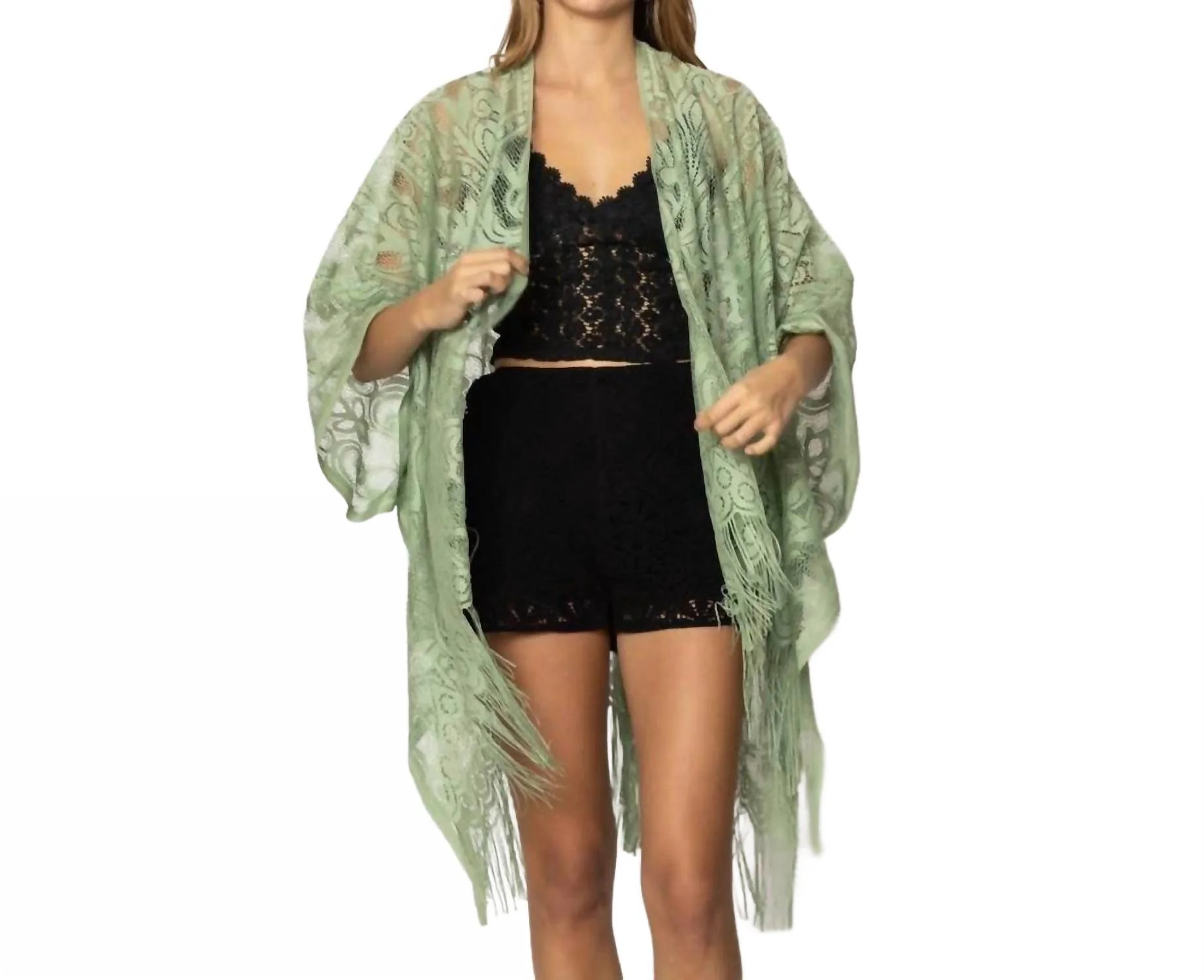 Floral Lace Fringe Boho Kimono Wrap Shawl Cover Up In Sage Green | Shop Simon
