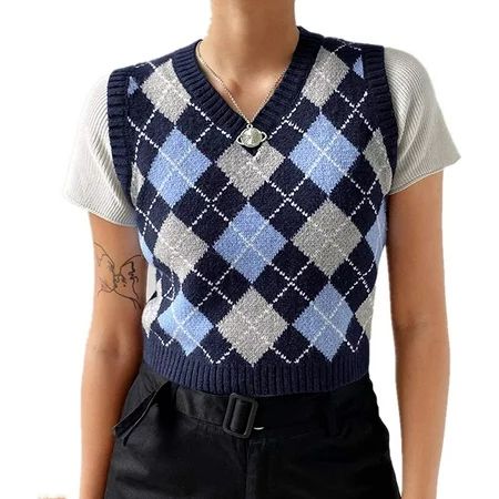 Argyle Sweater Vest Women Y2K Plaid Knitted Stwear Preppy Style V Neck Crop Knitwear Tank Top for Gi | Walmart (US)