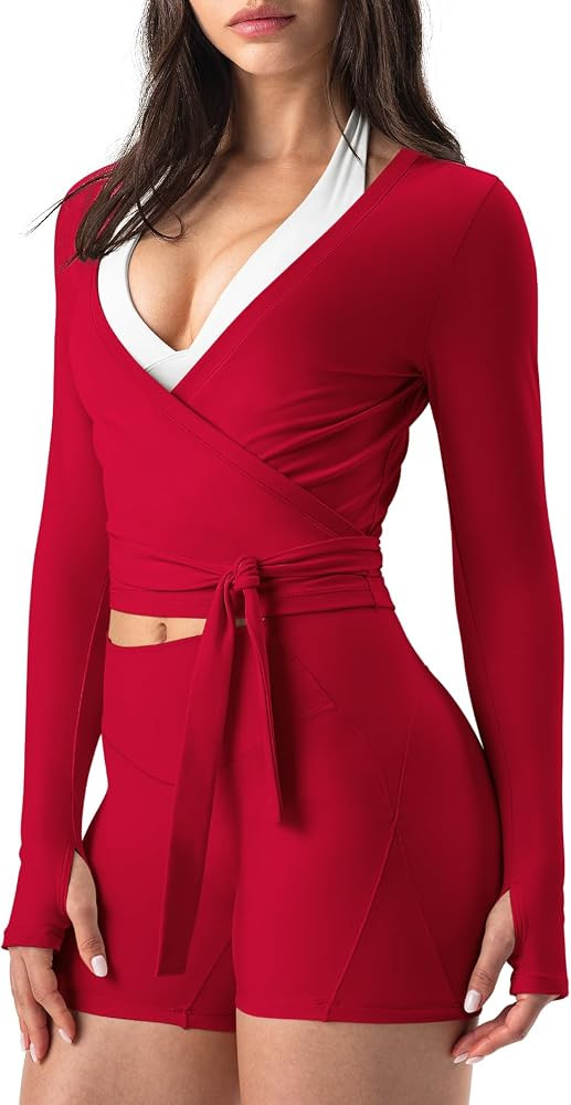GYM RAINBOW Womens Pilates Wrap Top Long Sleeve Ballet Yoga Workout Shirts | Amazon (US)
