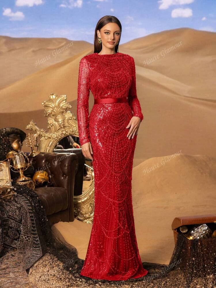 Faeriesty Haute Glamour Gorgeous Elegant Sequin-Beaded Evening Dress | Formal Dress For Luxury Weddings, Black-Tie Events, Birthday Women Outfits, Or Celebrity-Style Parties | SHEIN