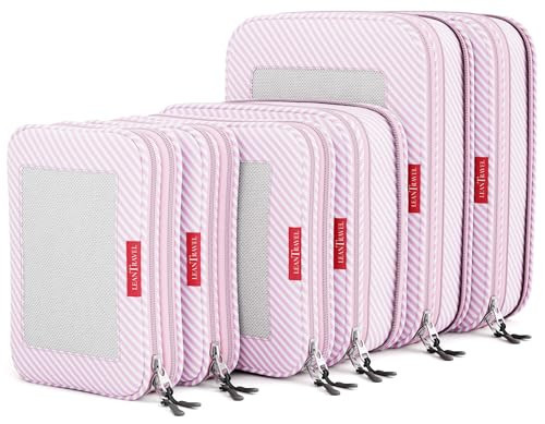 LeanTravel Premium Compression Packing Cubes for Travel - Luggage Organizers with Double Zipper - Sturdy Bags for Suitcase (6-Pack, Pink Stripes) | Amazon (US)