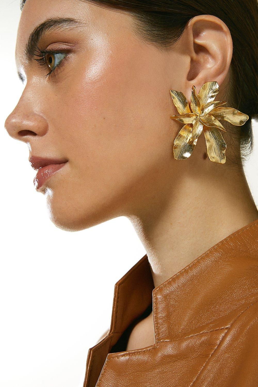 Gold Plated Flower Earrings | Karen Millen UK & IE