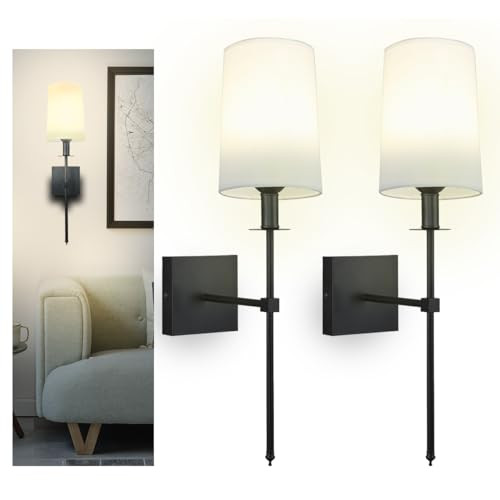 Troconce Battery Operated Wall Sconce Set of 2 with Remote Control, White Fabric Shade Dimmable U... | Amazon (US)