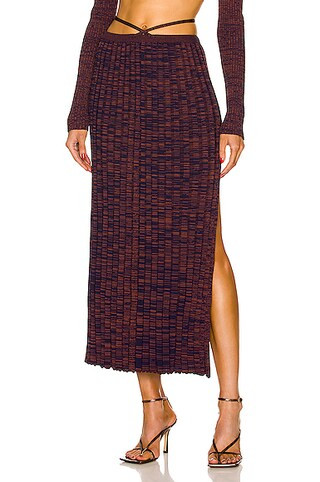 Christopher Esber Pleated Knit Tie Skirt in Navy Maroon Marle | FWRD | FWRD 