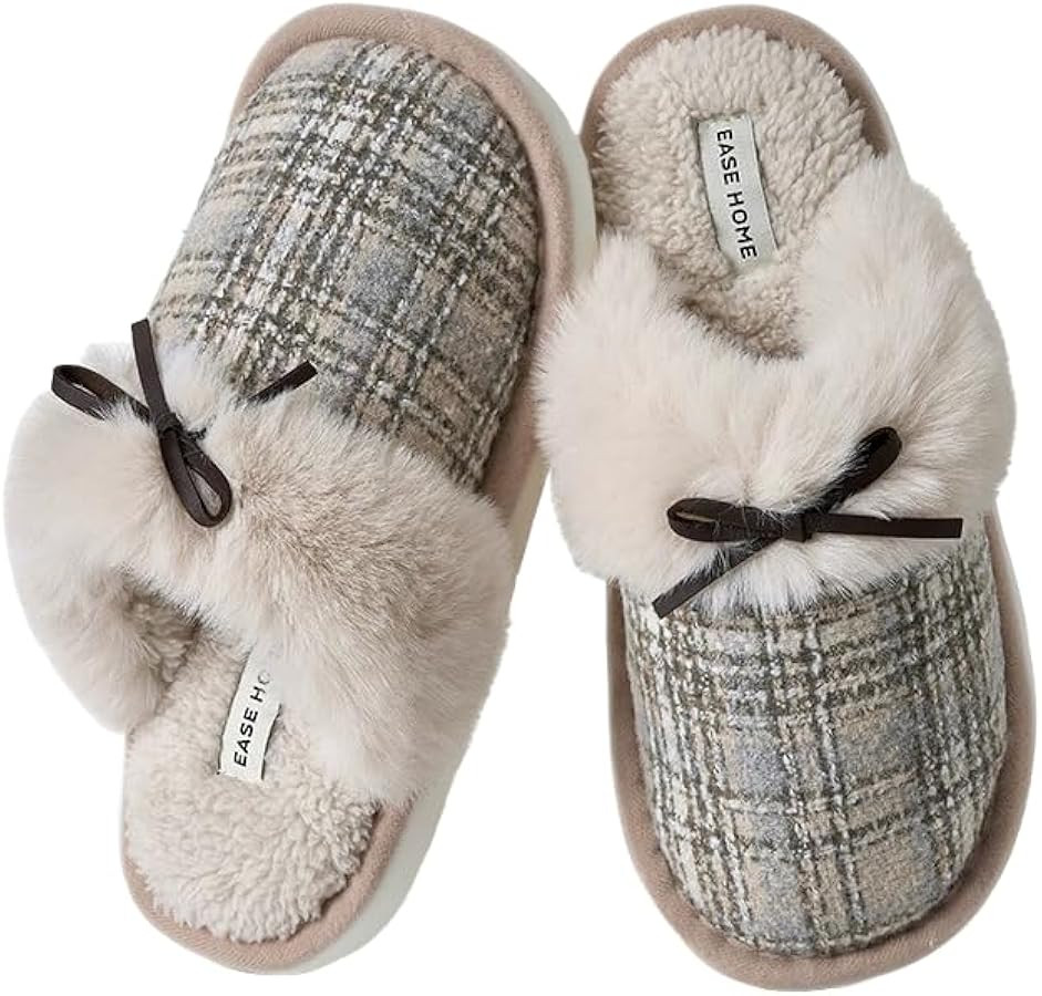 Women Slippers with Bow House Slippers Plaid Tartan Pattern Plush Warm Home Shoes Slip-on | Amazon (US)